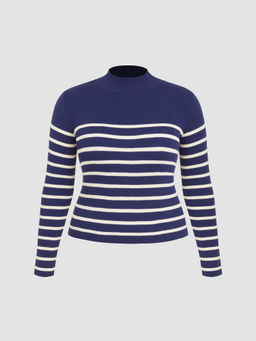 Cider - High Neck Striped Knitted Long Sleeve Top Curve & Plus
