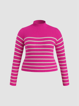 Cider - High Neck Striped Knitted Long Sleeve Top Curve & Plus