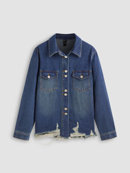 Cider - Collar Solid Ripped Denim Blouse Top
