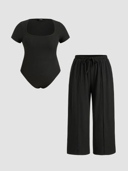 Cider - U-Neckline Bodysuit & Elastic Waist Wide Leg Pants Curve & Plus (Set of 2)