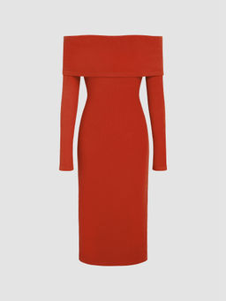 Cider - Jersey Off-Shoulder Solid Split Midi Dress