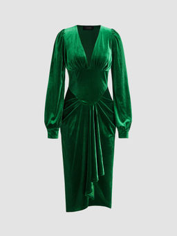 Cider - Velvet V-Neck Solid Pleated Midi Dress