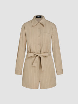 Cider - Collar Striped Button Pocket Romper with Belt