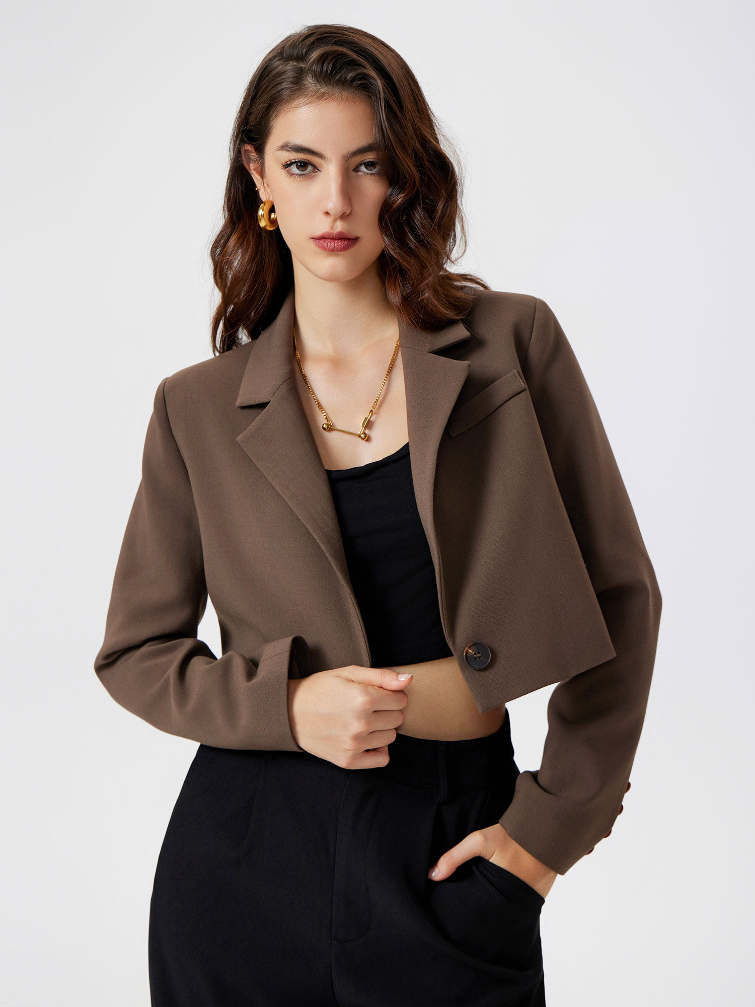 cider Collar Solid Button Crop Blazer-picture-40