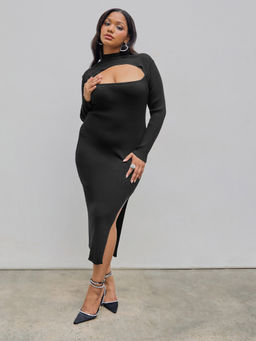 Cider - Knit Stand Collar Cut Out Solid Midi Dress Curve & Plus