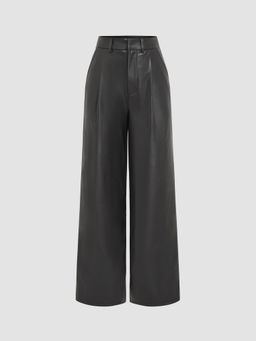 Cider - Faux Leather High Waist Solid Pocket Wide Leg Trousers