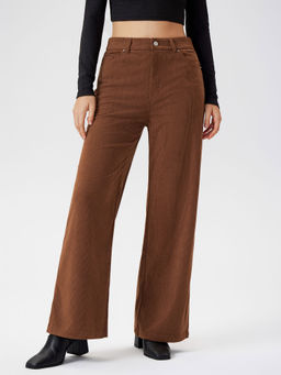 Cider - Corduroy Mid Waist Solid Zipper Wide Leg Trousers