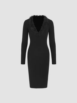 Cider - Knitted Sweetheart Fuzzy Trim Midi Dress