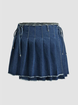 Cider - Denim Washed Raw Hem Pleated Knotted Mini Skirt Curve & Plus