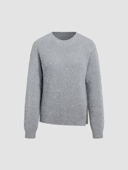 Cider - Round Neck Fuzzy Zip Metallic Knitted Sweater