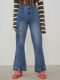 Cider - Denim Button Pocket Wide Leg Cargo Jeans