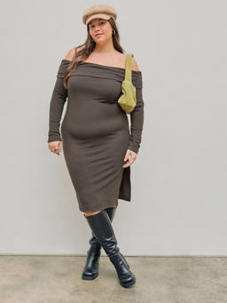 Cider - Jersey Off-Shoulder Solid Split Midi Dress Curve & Plus