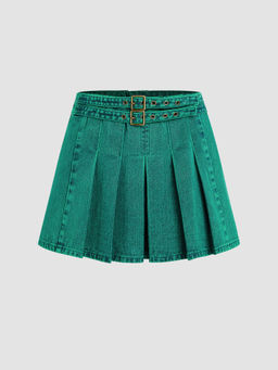 Cider - Denim Double Belted Pleated Mini Skirt