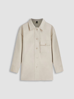 Cider - Faux Leather Collar Solid Pocket Top