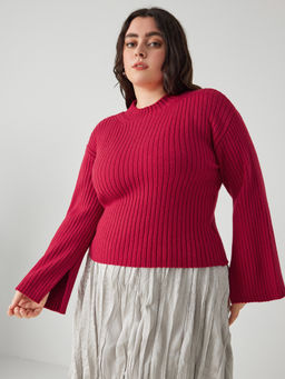 Cider - Knit Round Neckline Solid Long Sleeve Sweater Curve & Plus