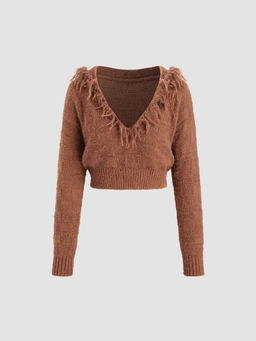 Cider - V-Neck Solid Knitted Tassel Long Sleeve Crop Hoodie