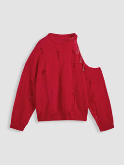 Cider - Wool-Blend Round Neck Pin Hollow Out Knitted Long Sleeve Top