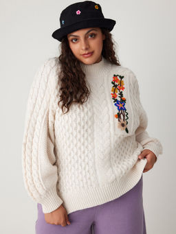Cider - Knit Stand Collar 3D Flower Long Sleeve Sweater Curve & Plus