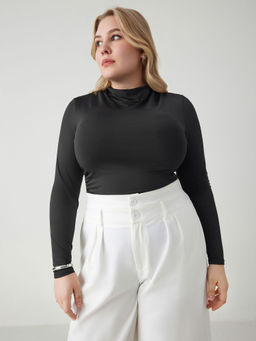 Cider - Round Neckline Solid Ruched Bodysuit Curve & Plus