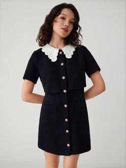 Cider - Tweed Collar Solid Lace Mini Dress
