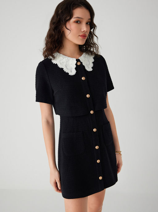 Buy Cider Tweed Collar Solid Lace Mini Dress (XS) Online