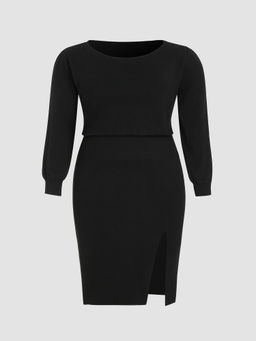 Cider - Wool-Blend Round Neck Shirred Knitted Midi Dress Curve & Plus