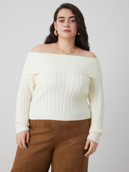 Cider - Cable Knit Off-Shoulder Solid Long Sleeve Sweater Curve & Plus