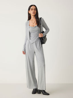 Cider - Solid Ruched Tank Top & Cardigan & Pants (Set of 3)