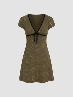 Cider - Knit V-Neck Floral Bowknot Mini Dress