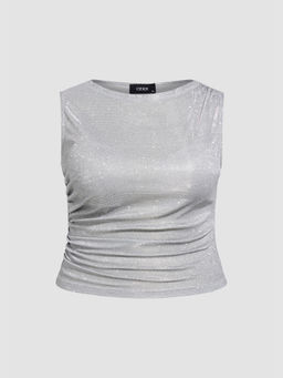 Cider - Round Neck Ruched Glitter Asymmetrical Tank Top Curve & Plus