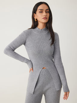 Cider - Rib Knit Mock Neck Split Long Sleeve Top