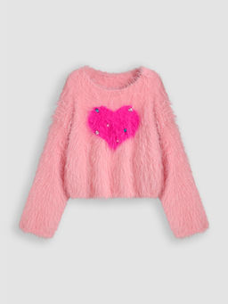 Cider - Fuzzy Heart & Rhinestone Crop Sweater