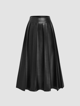 Cider - Faux Leather Middle Waist Pleated Zipper Maxi Skirt