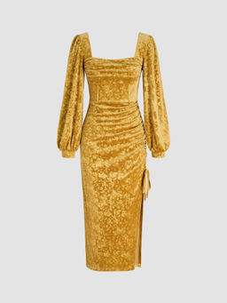 Cider - Velvet Square Neck Jacquard Floral Split Midi Dress