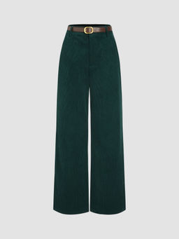 Cider - Corduroy Middle Waist Pocket Straight Leg Trousers with Belt