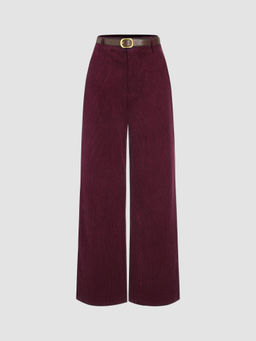 Cider - Corduroy Middle Waist Pocket Straight Leg Trousers with Belt