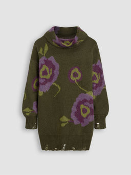 Cider - Stand Collar Floral Ripped Knitted Mini Dress