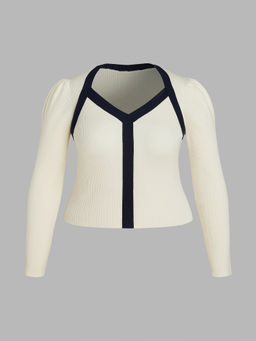 Cider - Knit V-Neck Contrasting Binding Long Sleeve Top Curve & Plus