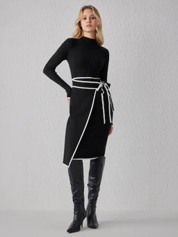 Cider - Turtleneck Belted Bowknot Knitted Maxi Dress