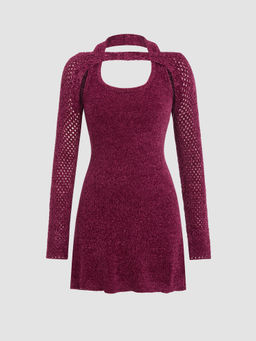 Cider - Knit Halter Neckline Mini Dress & Hollow Out Shrug