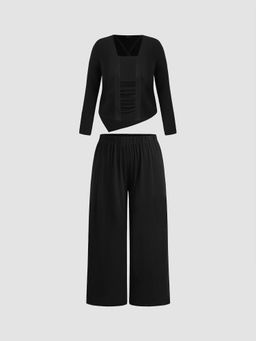 Cider - Solid Ruched Tank Top & Cardigan & Pants Curve & Plus (Set of 3)