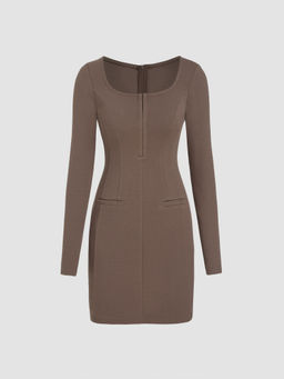Cider - U-Neckline Solid Zipper Mini Dress