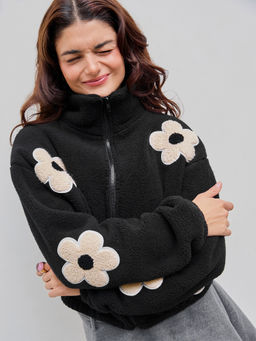 Cider - Fleece Stand Neck Flower Pattern Zipper Jacket