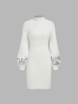 Cider - Sequins High Neck Lantern Sleeve Knitted Dress