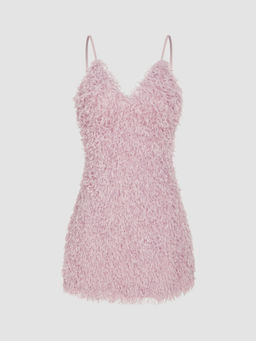 Cider - V-Neck Backless Feather Mini Dress