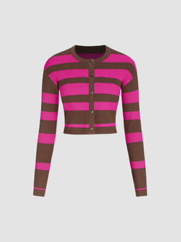 Cider - Rib Round Neck Contrasting Stripe Button Cardigan