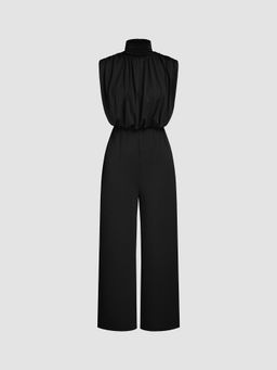 Cider - High Neck Solid Zipper Ruched Jumpsuit