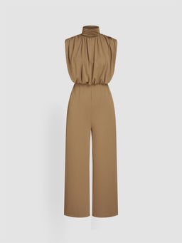Cider - High Neck Solid Zipper Ruched Jumpsuit