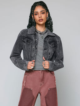 Cider - Faded Effect Denim Collar Button Crop Jacket