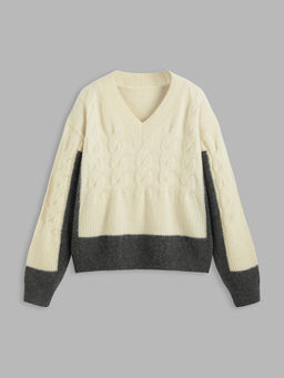 Cider - Wool-Blend Cable Knit V-Neck Contrasting Binding Top